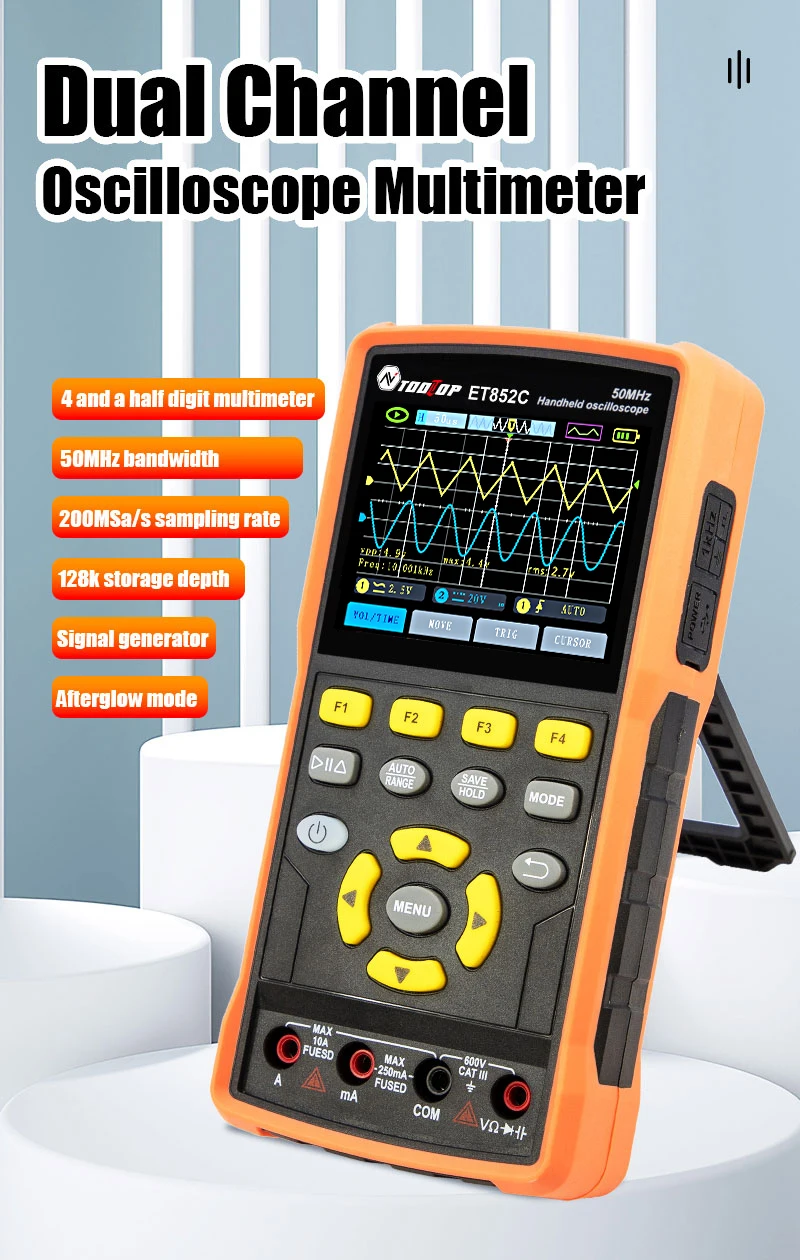 TOOLTOP ET852C Dual Channel Handheld Digital Oscilloscope Multimeter Signal Generator 3 in 1 50MHz Portable 128K Storage Depth