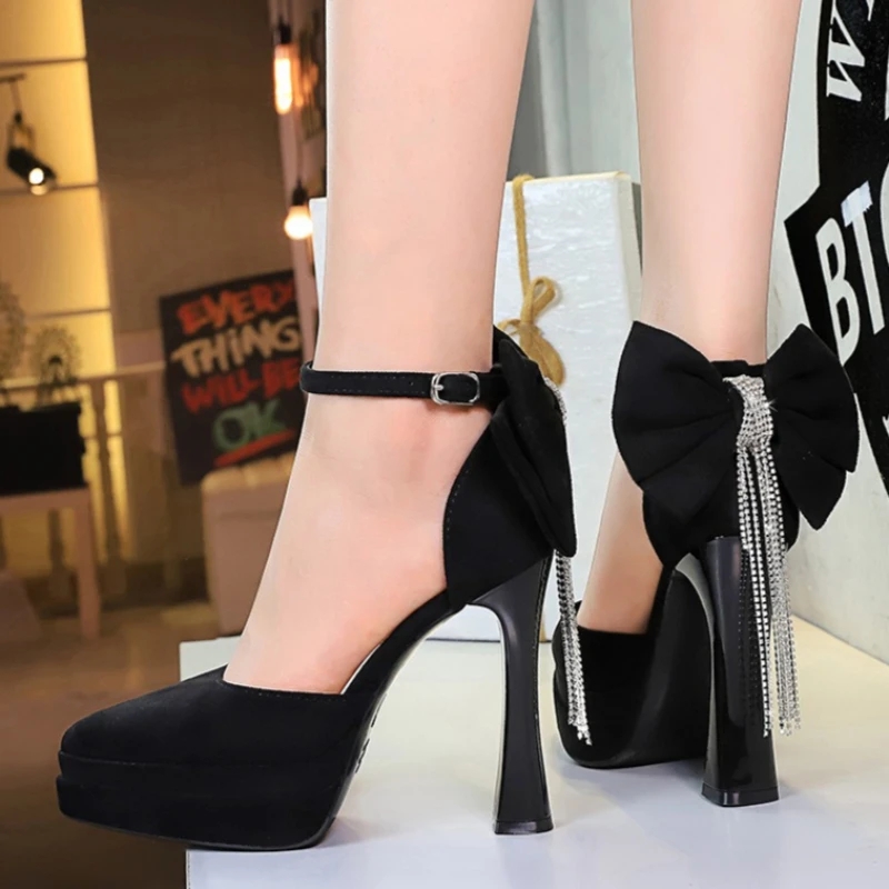 BIGTREE Shoes Suede Ultra High Heels 11.5 CM Bowknot Design Women Pumps Platform High-heeled Sandals Women Chunky Heel Shoes