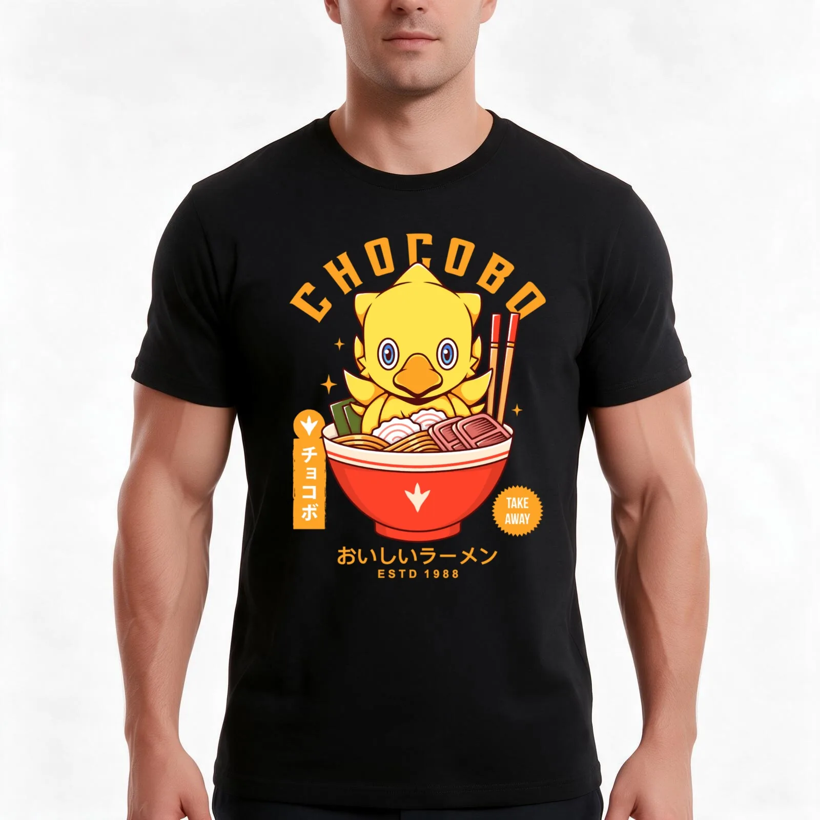 Chocobo Delicious Ramen T-Shirt, Summer Casual Cotton Tee, Oversized Streetwear Tops, Vintage Graphic Print, Unisex Men Women