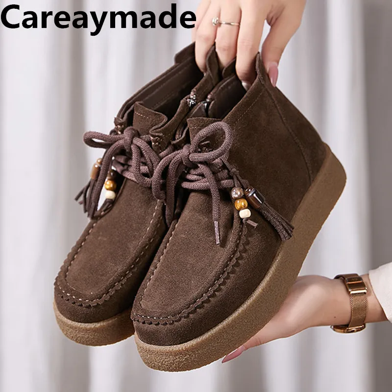 

Careaymade-Genuine leather wider women's Short Boots,Sewn Spring Autumn Shoes Handmade Plush Snow Boots Lace-Up Ankle Boots