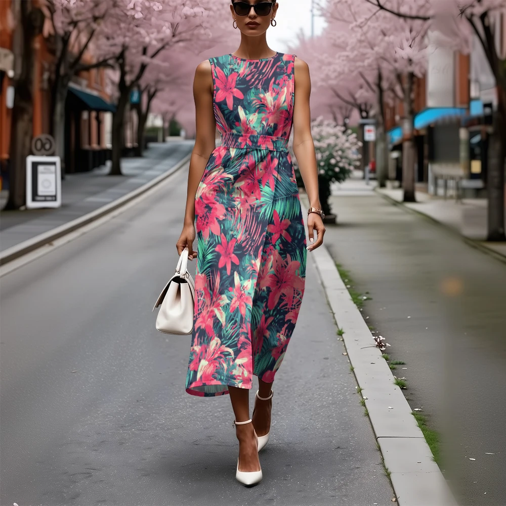ボヘミアンシックなドレス ウエストタイ付き ノースリーブ トロピカルフローラルマキシドレス 通気性 ビーチストリートスタイル エレガントな流れるマキシドレス