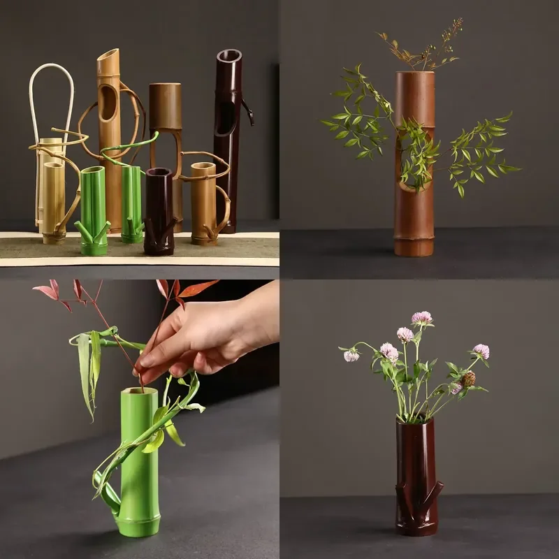 Natural Bamboo Vase Set Creative Handmade Chinese Zen Style Home Decoration for Living Room Tea Room Study Desktop Ornament