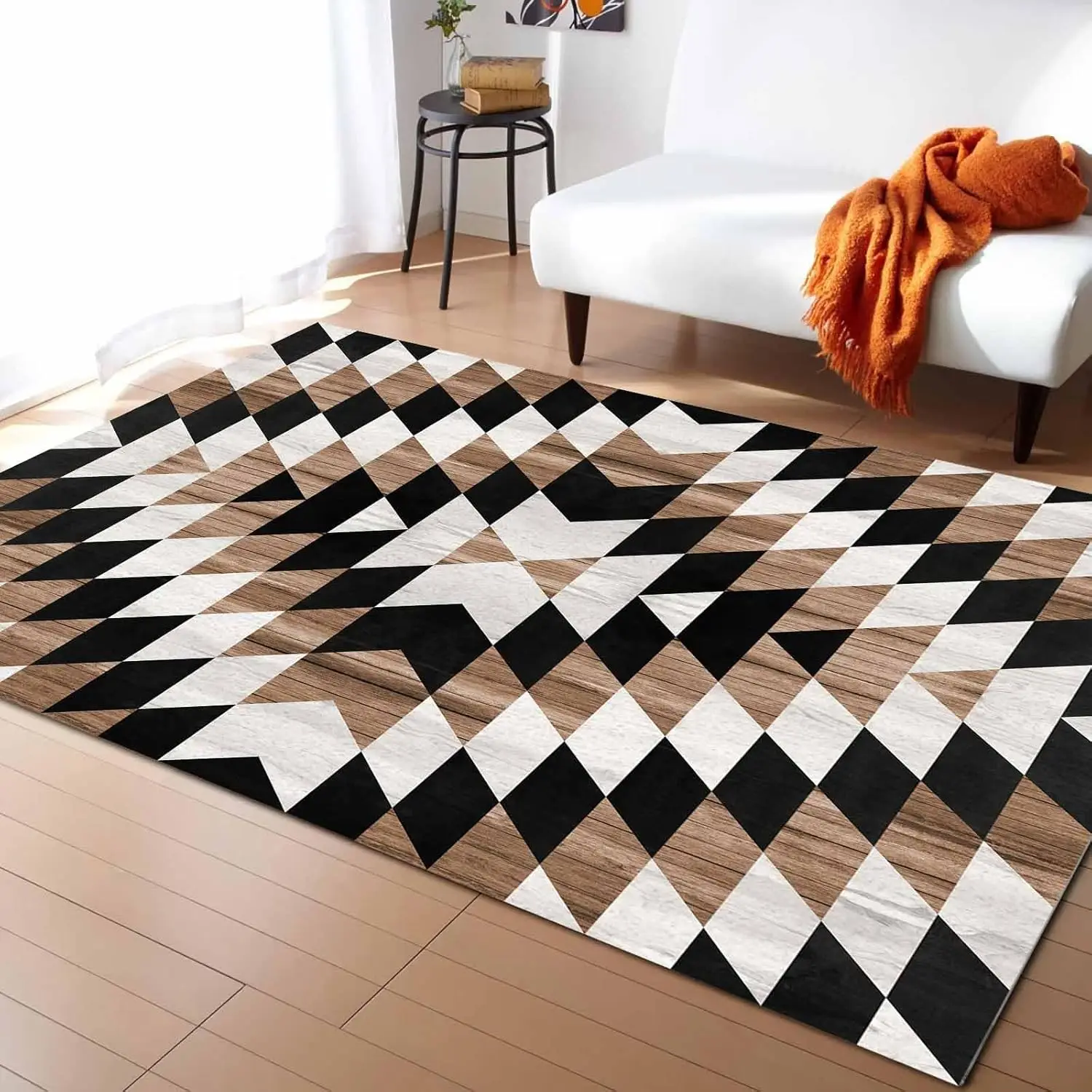 Wood Boho Pattern Washable Area Rugs Farmhouse Black Wood White Non Slip Rugs for Living Room Bedroom, Low Pile Floor Mat Large