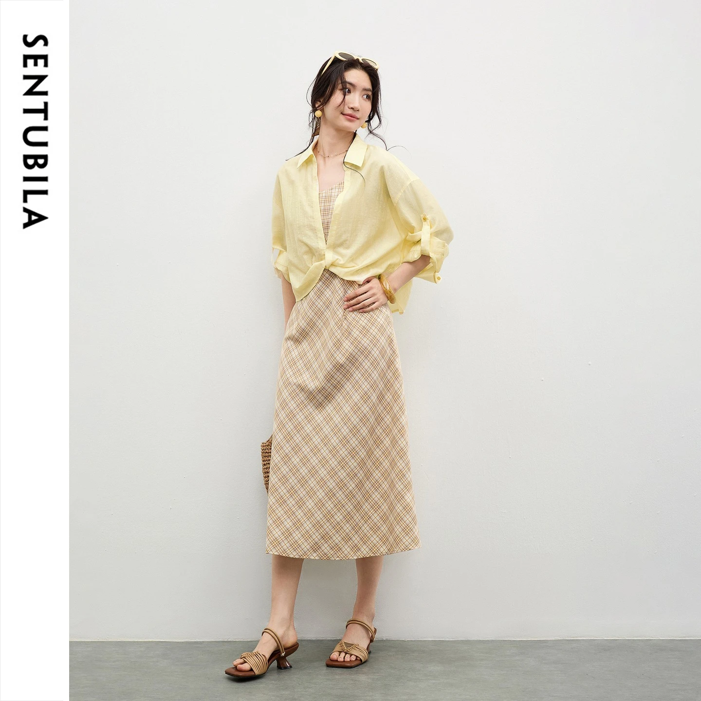 SENTUBILA 2-Piece Set Women Lyocell Twist Front Shirt Plaid Cami Midi Dress 2026 Spring Summer Dress Set for Ladies Q61ZB5845