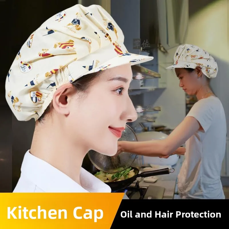Women's Kitchen Specialty Chef Hat Hair Dustproof Oilproof Cooking Fry Pan Cap Sanitary Cap round Top Flat Brim Casual Style