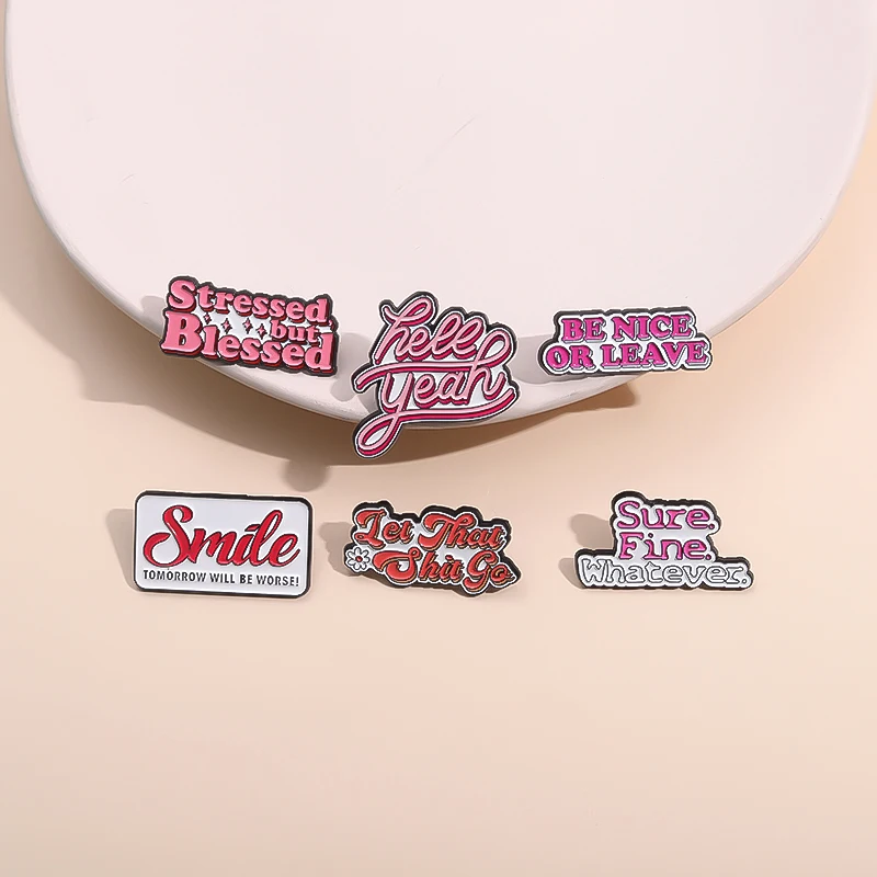 Positive Inspiring Quotes Enamel Pins Be Nice Or Leave Hell Year Stressed But Blessed Brooches Backpack Hat Lapel Badge for Gift