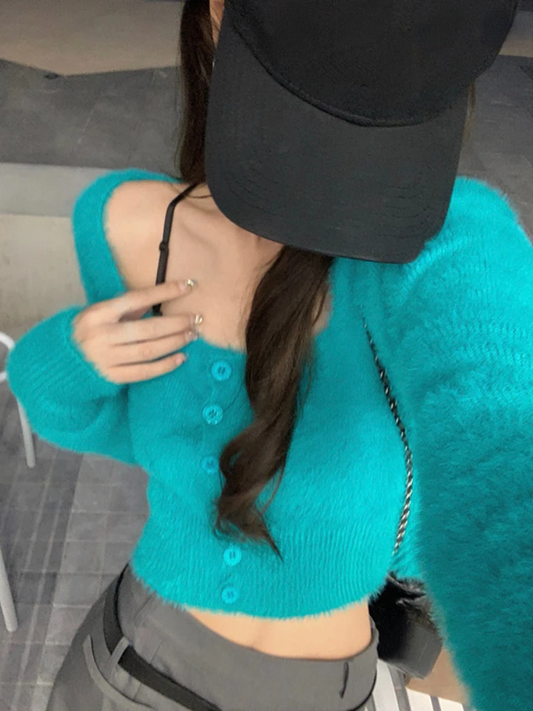 Square Collor Knit Sweater Women Sweet Elegant Y2k Crop Tops Female 2022 Autumn Pure Color Elegant Pullover Korean Clothing Chic