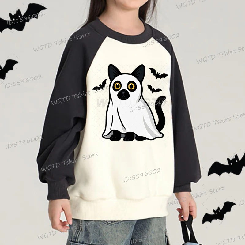 

Забавные милые толстовки на Хэллоуин с изображением призрака и кота для девочек, жуткий сезонный подарок, одежда с героями мультфильмов для девочек и мальчиков, мягкие хлопковые толстовки на Хэллоуин