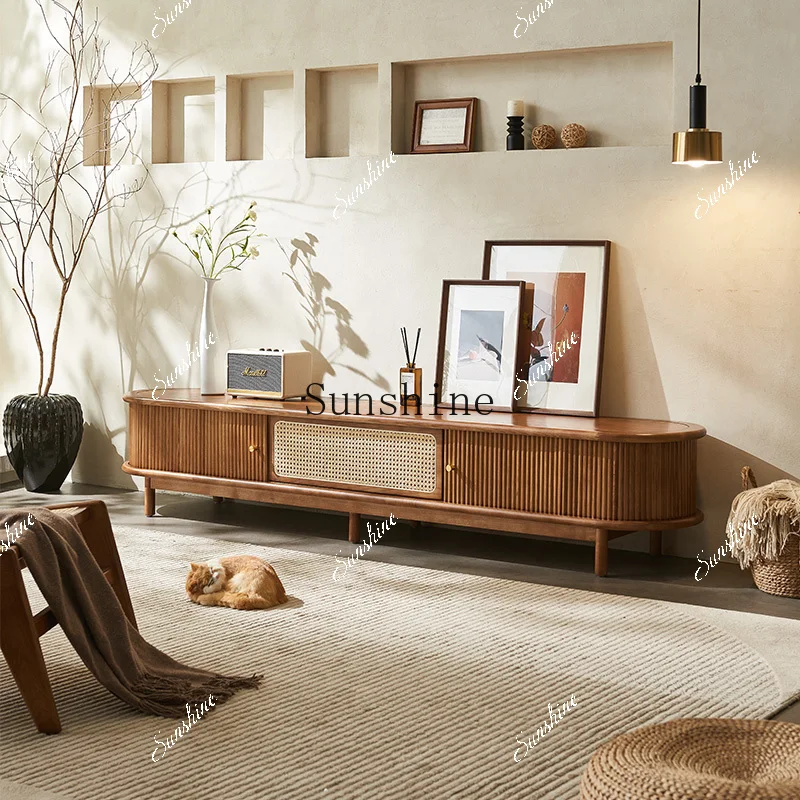 Nordic solid wood living room small apartment real rattan rolling shutter TV cabinet  FT