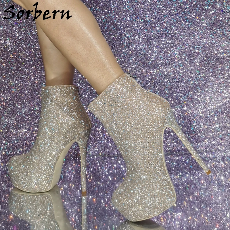 

Sorbern Gold Blingbling Sequins Ankle Boots Women Crystal Evening Party High Heel Invisible Platform Rear Zip Up Stilettos