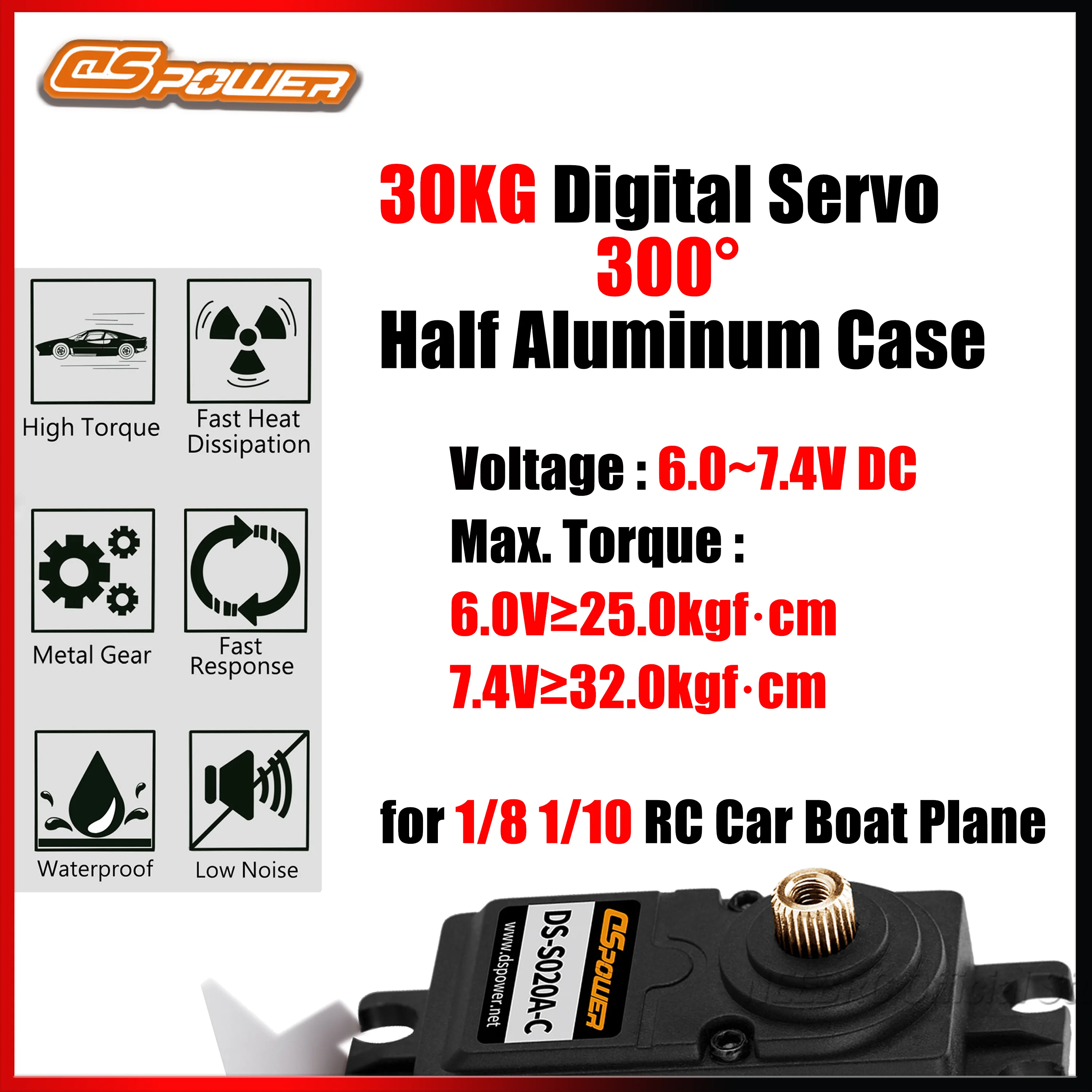 

DSpower 30KG 300 Degrees Digital Servo Metal Gear Half Aluminum Case Waterproof High Speed Red for 1/8 1/10 RC Car Boat Plane