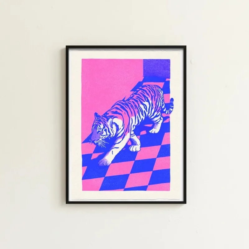 Risograph Tiger Print Pop Art Wall Decor Retro Checkerboard Art Maximalist Room Poster Cool Animal Artwork Frameless Art Canvas