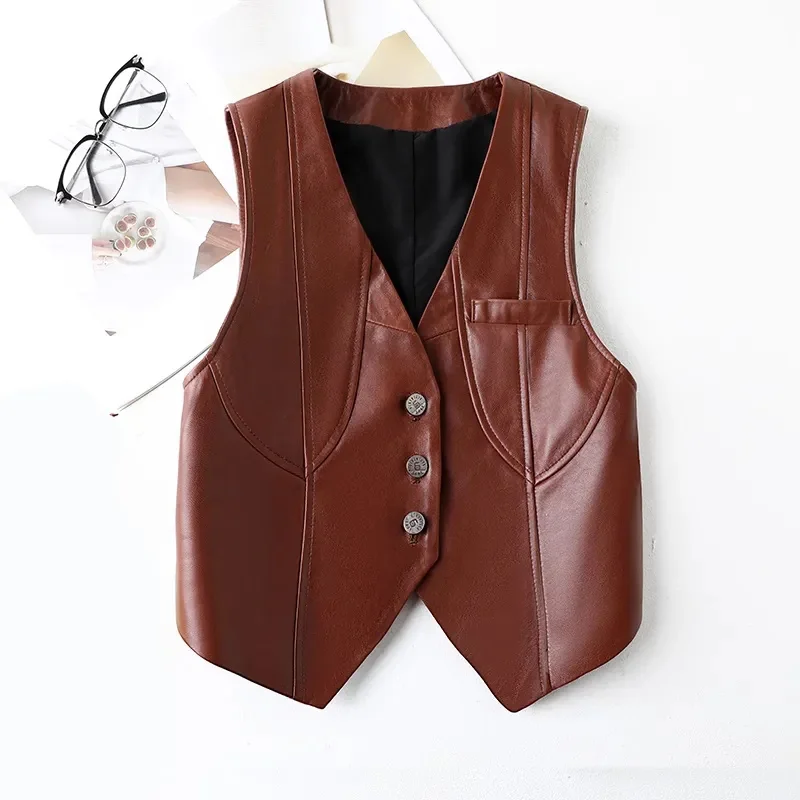 2024 New Spring Women\'s Casual V-neck Button Imitation Leather Fine Cut Black Vest Female Waistcoat Sleeveless Jacket