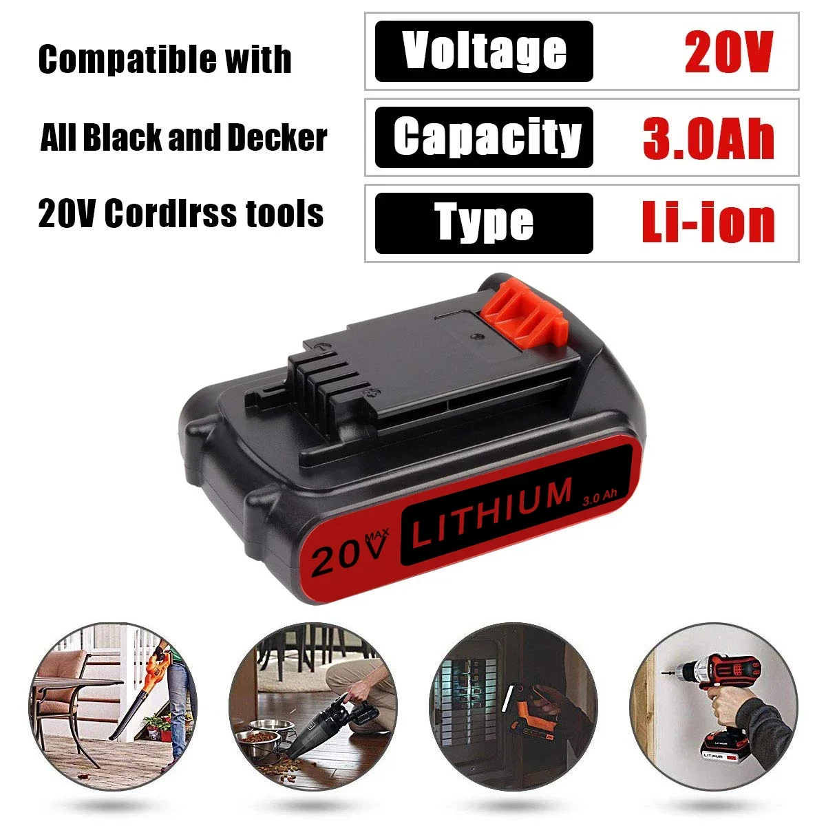 3.0Ah 20V MAX LBXR20 Compatible with Black and Decker Battery LB2X4020 LBXR2020-OPE LBXR20-OPE2 LBXR20B-2 LB2X3020-OPE LBXR20BT