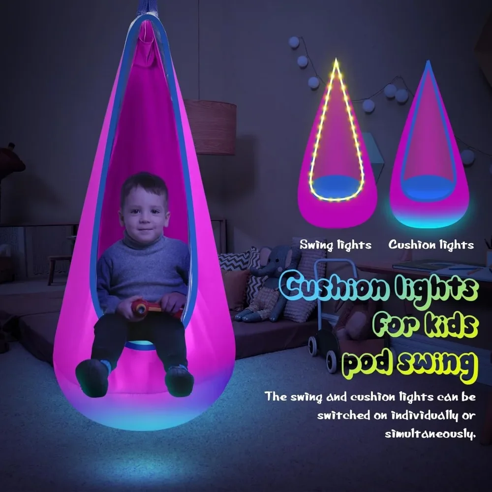 Light Up Kids Pod Swing Seat, Kids Hanging Hammock Swing with LED Lights, Sensory Pod Swing Chair with Inflatable Pillow