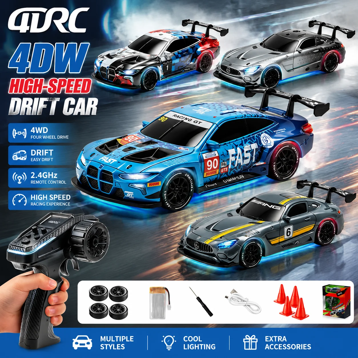 4DRC 1/43 4WD RC Drift Car 2.4GHz High Speed Remote Control Racing Car Lights Desktop Mini Cars Toys for Boys Kids Birthday Gift