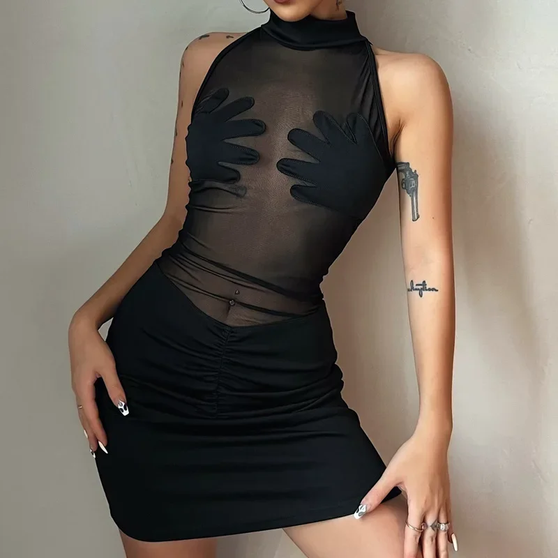 INS Europe and the United States wind summer new women's fashion round neck sleeveless sexy see-through Slim package hip dresses