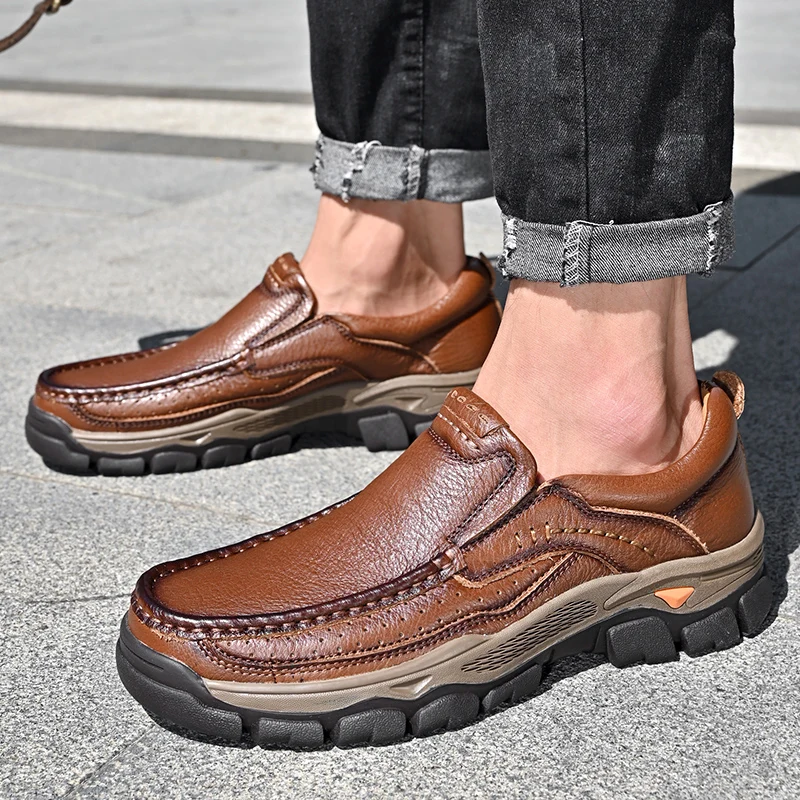

Дышащая мужская кожаная обувь на резинке, мужские удобные лоферы без шнуровки, легкая деловая повседневная обувь