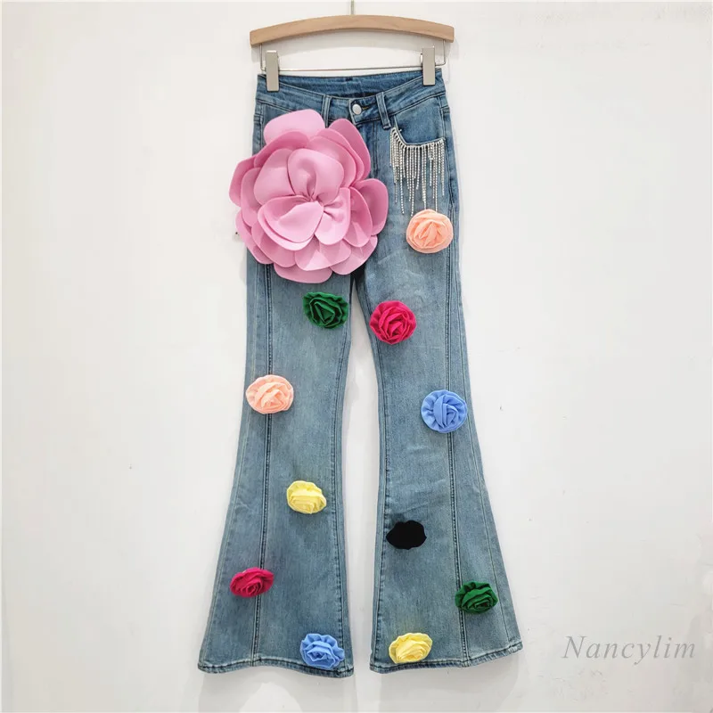 

Handsome Colorful Flower Design Stretch Jeans for Women Autumn New High Waist Slim Fit Slimming Versatile Bootcut Denim Pants