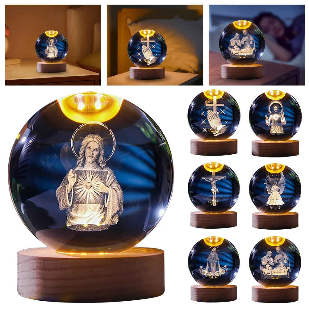 3D Creative Engrave Crystal ball with Wooden Base USB Charging LED Crystal Ball Night Light Lighted Crystal Ball Art Decoration