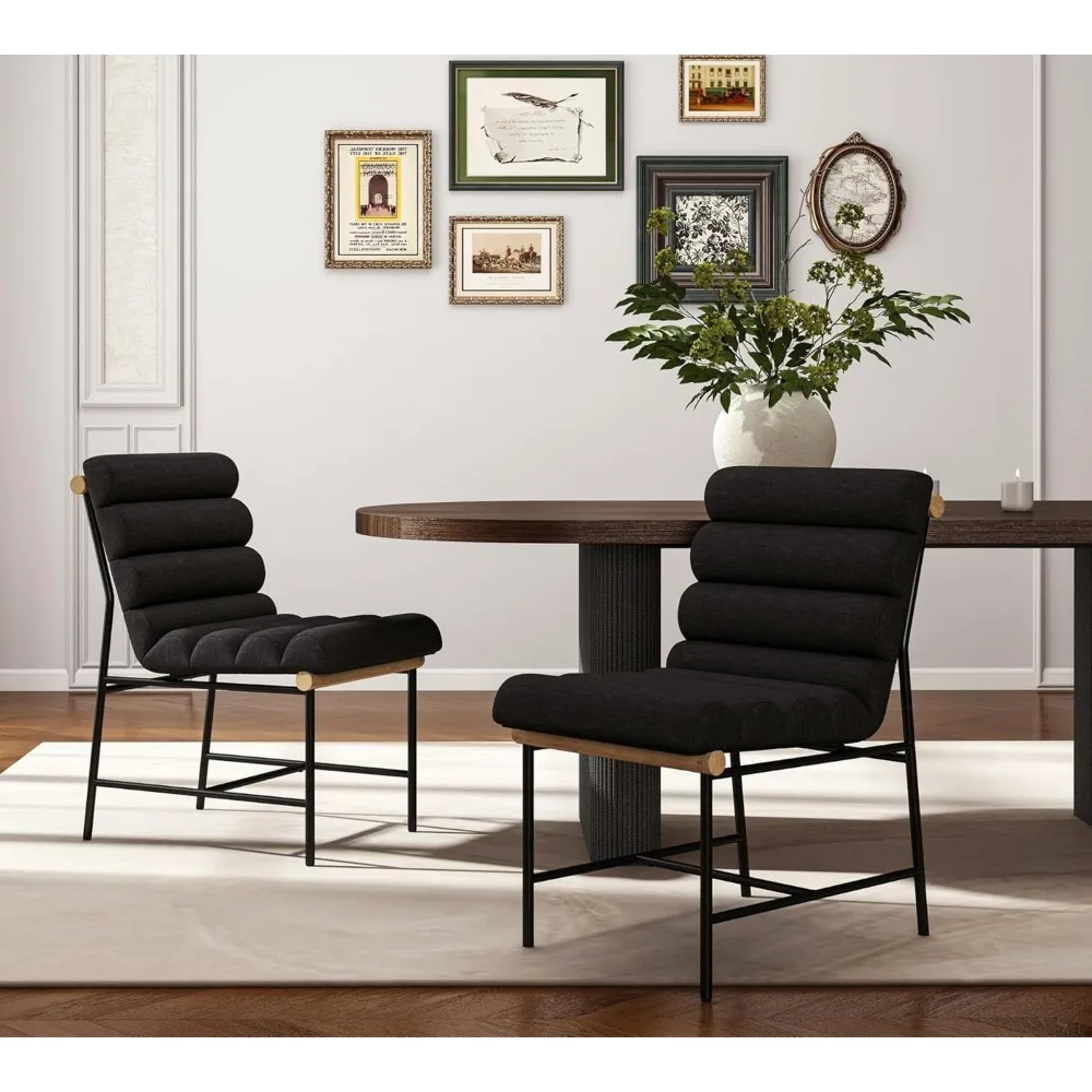 Mid Century Modern Dining Chairs Set of 2 – Black Linen Upholstered Dining Chair, Wooden Handle Accent & Black Metal Legs for Di