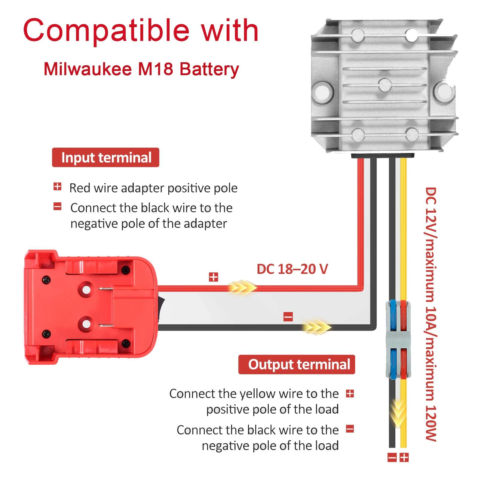 

Преобразователь напряжения 18В в 12В для аккумуляторов Milwaukee M18, понижающий трансформатор постоянного тока 12В 10А 120Вт с защитой от перегрузки