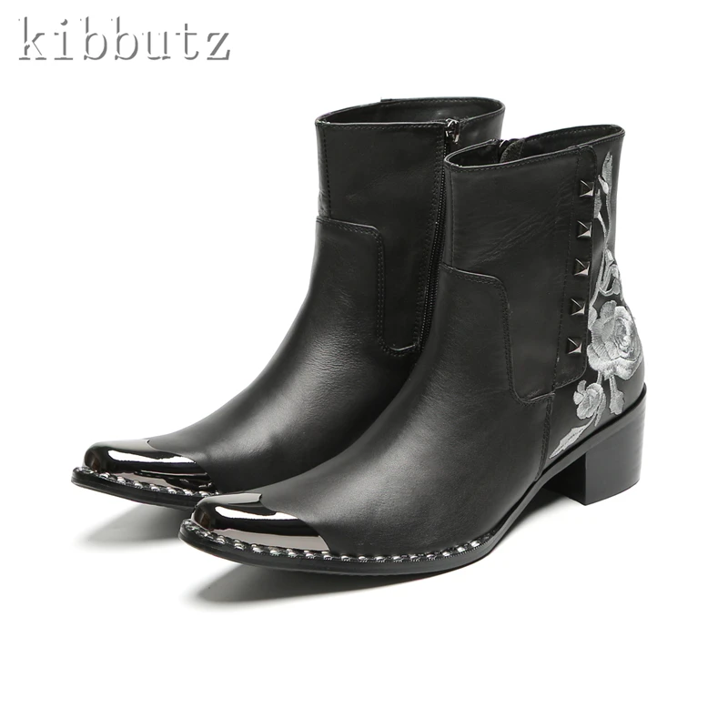 Men New Fashion Embroidery Flowers Genuine Leather Boot Luxury Handmade Party Business Dress Chelase Boots