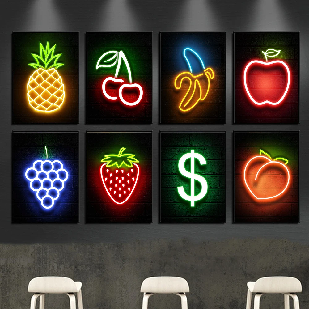 علامات النيون الرائعة رمز المال الفواكه فلامنغو قماش الملصقات يطبع صور الرسم على لوحات القماش الجدارية لمتجر ديكور المنزل #1