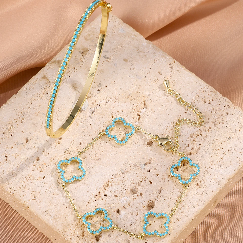 Yupsk 3 قطعة/1 قطعة تصميم المتخصصة الفيروز أربع أوراق زهرة تكويم سوار أساور للنساء مجوهرات رائعة هدية بالجملة