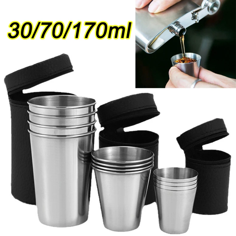 4/6Pcs Stainless Steel Cups Mini Shot Glass Beer Cup Metal Wine Cup Coffee Tumbler Tea Milk Mugs Camping Hiking Portable Cup Set