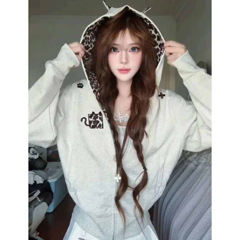 

American Subculture Hoodie Women Leopard Print Patchwork Cute Sweatshirt Zip Harajuku Y2K Embroidered Outwear