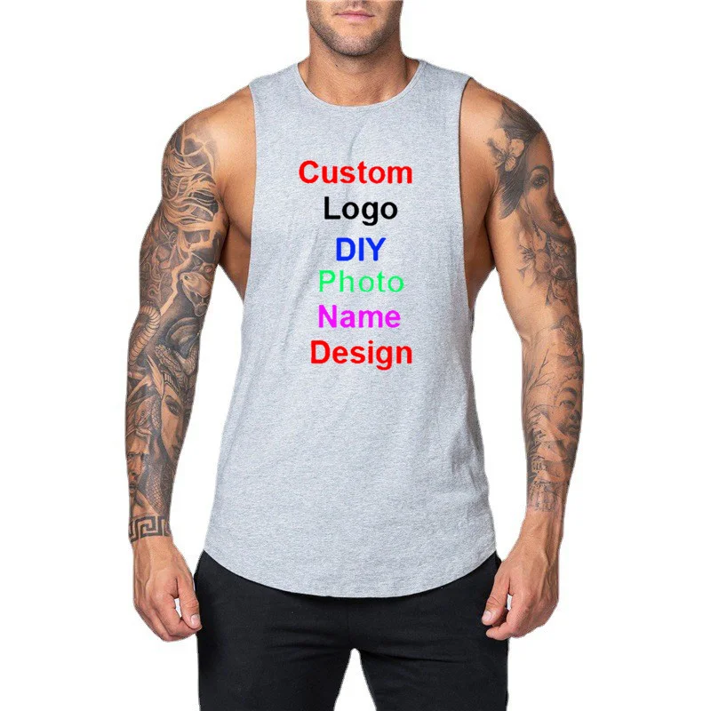 DIY Customized Logo Brand Gym Tank Top Men Cotton Muscle Sleeveless Shirt Workout Clothing Bodybuilding Singlets Vest Sportswear images - 6