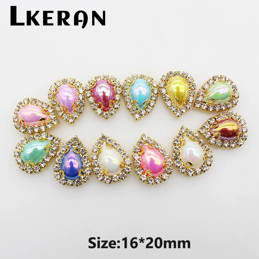 LKERAN 16*20mm 10pcs 4-Hole AB Pearl Buttons Gold Metal Craft DIY Sewing Decorative Clothing Button Accessories
