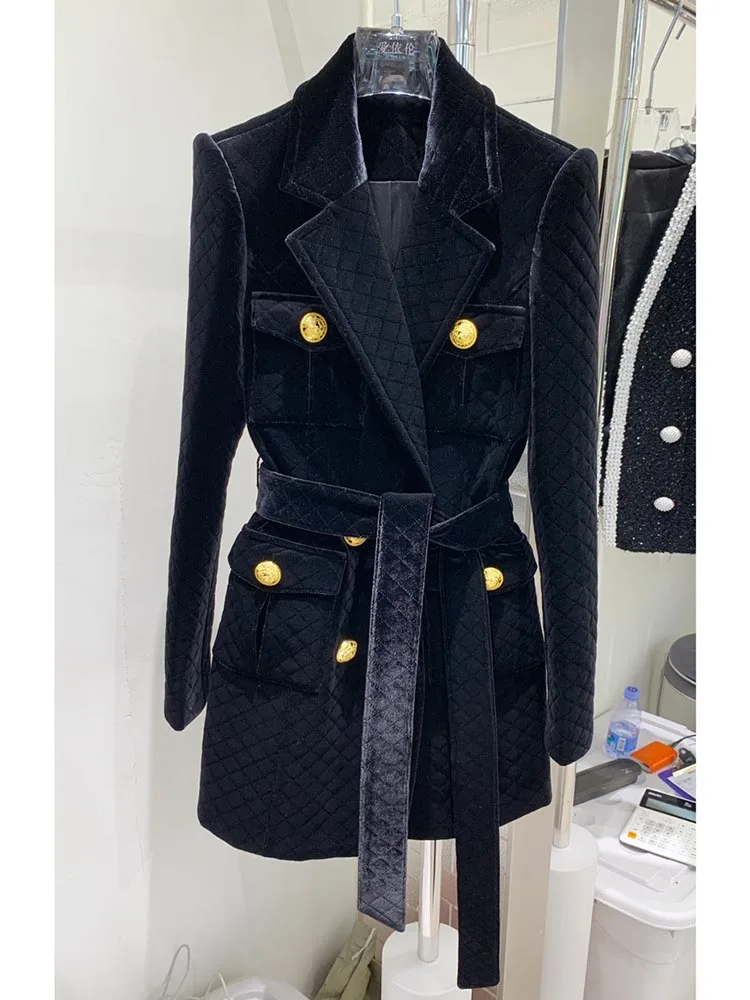 

HIGH STREET Newest Fashion 2024 Designer Overcoat Women's Long Sleeve Notched Collar Double Breasted Plaid Belted Velvet coat