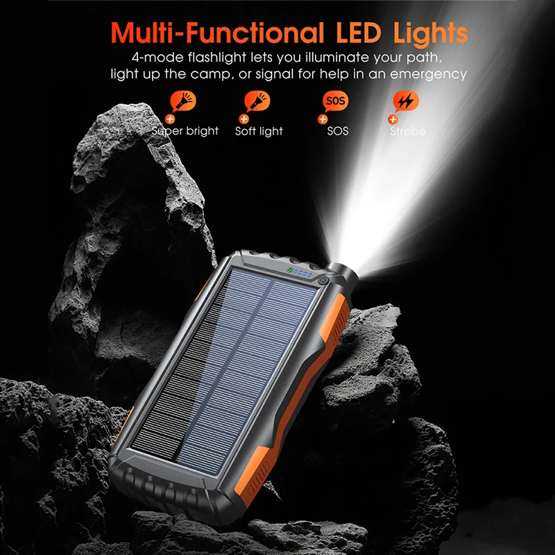 42800mAh Solar Power Bank Waterproof Portable Powerbank with LED Camping Light for iPhone 17 Samsung External Battery Power Bank