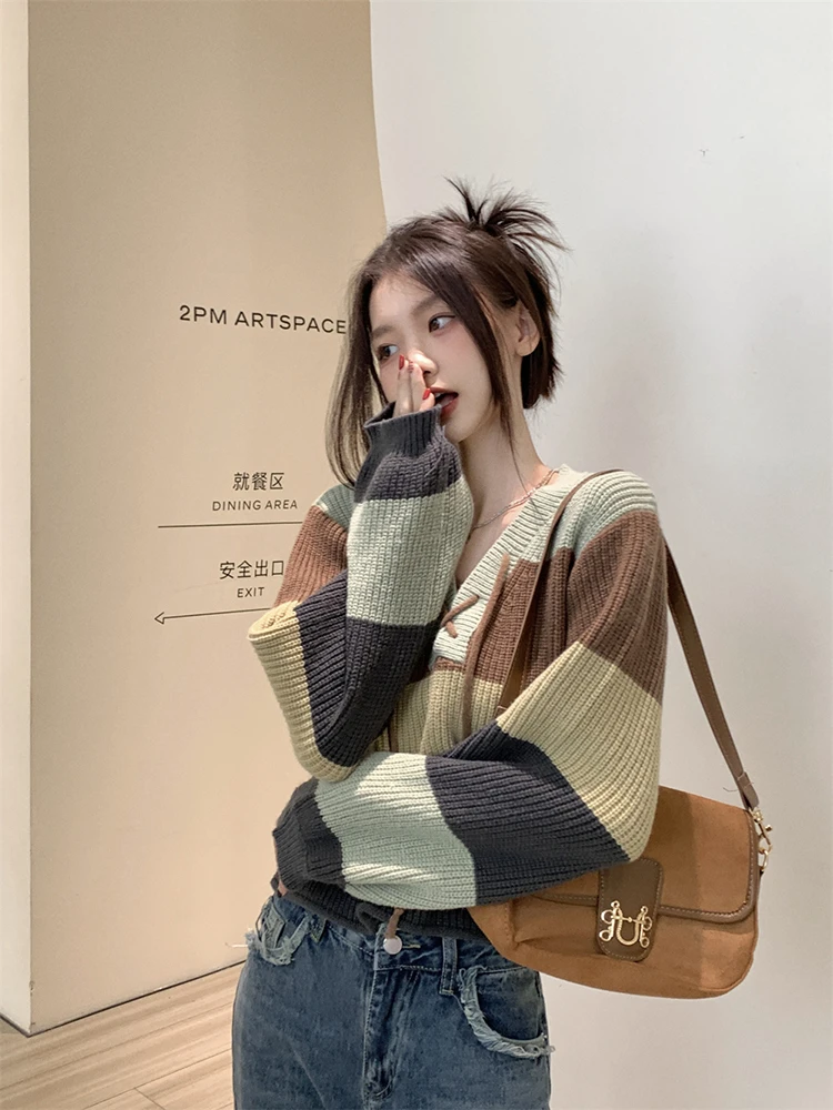 Striped Sweaters Women Panelled Autumn Winter V-neck Cropped Lace-up Knitwear All-match Simple Japanese Preppy Style Temperament