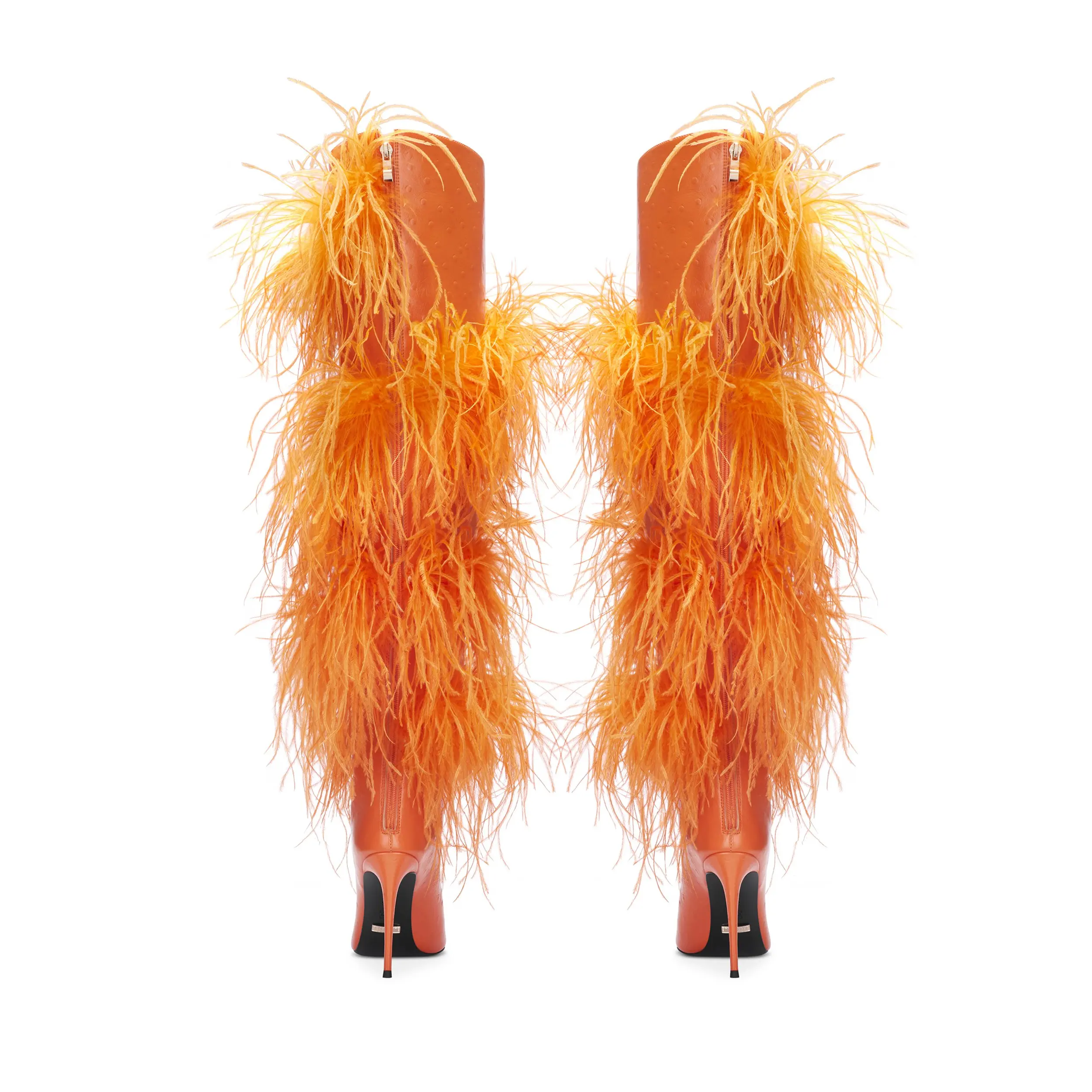 2022 Kobiety Faux Fox Fur Shoes Winter Fashion Over The Knee Boots Orange Feather Long Boots Sexy Pointed Toe Party Boots 44