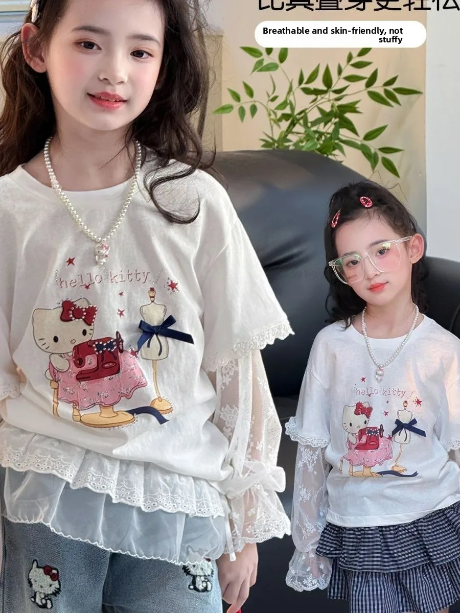 

Весна 2026: Модная хлопковая футболка с длинным рукавом в корейском стиле для девочек, для средних и старших детей