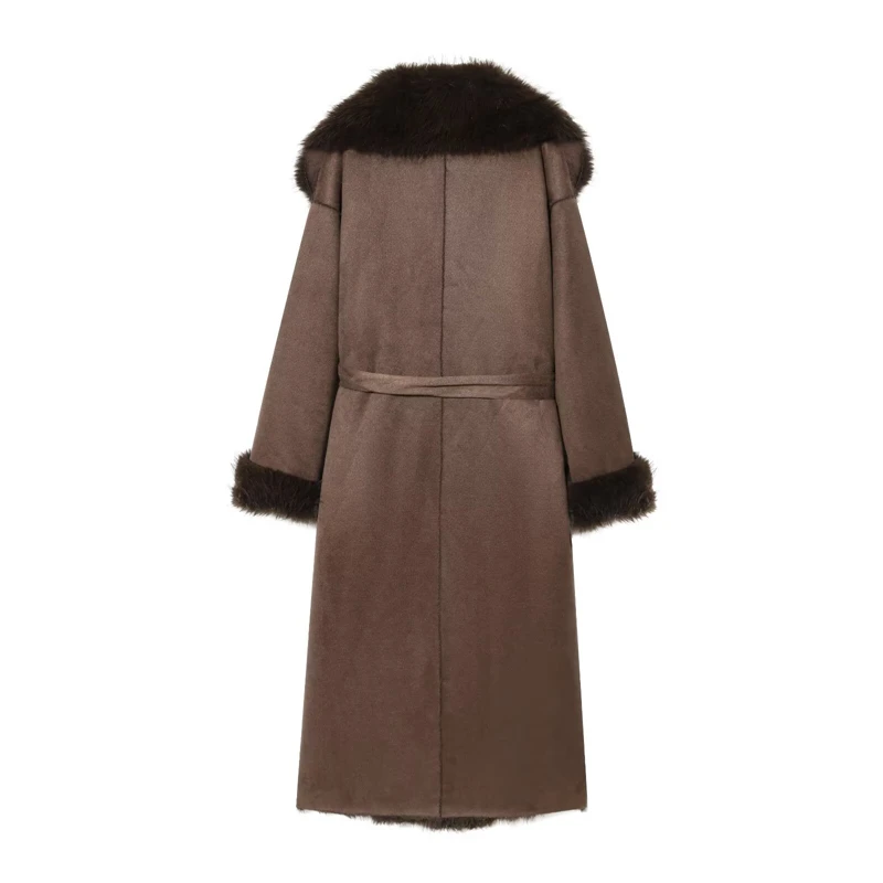 معطف طويل بني أنيق للنساء - ياقة وأساور من الفرو الصناعي معطف واق من المطر بحزام للطقس البارد #4