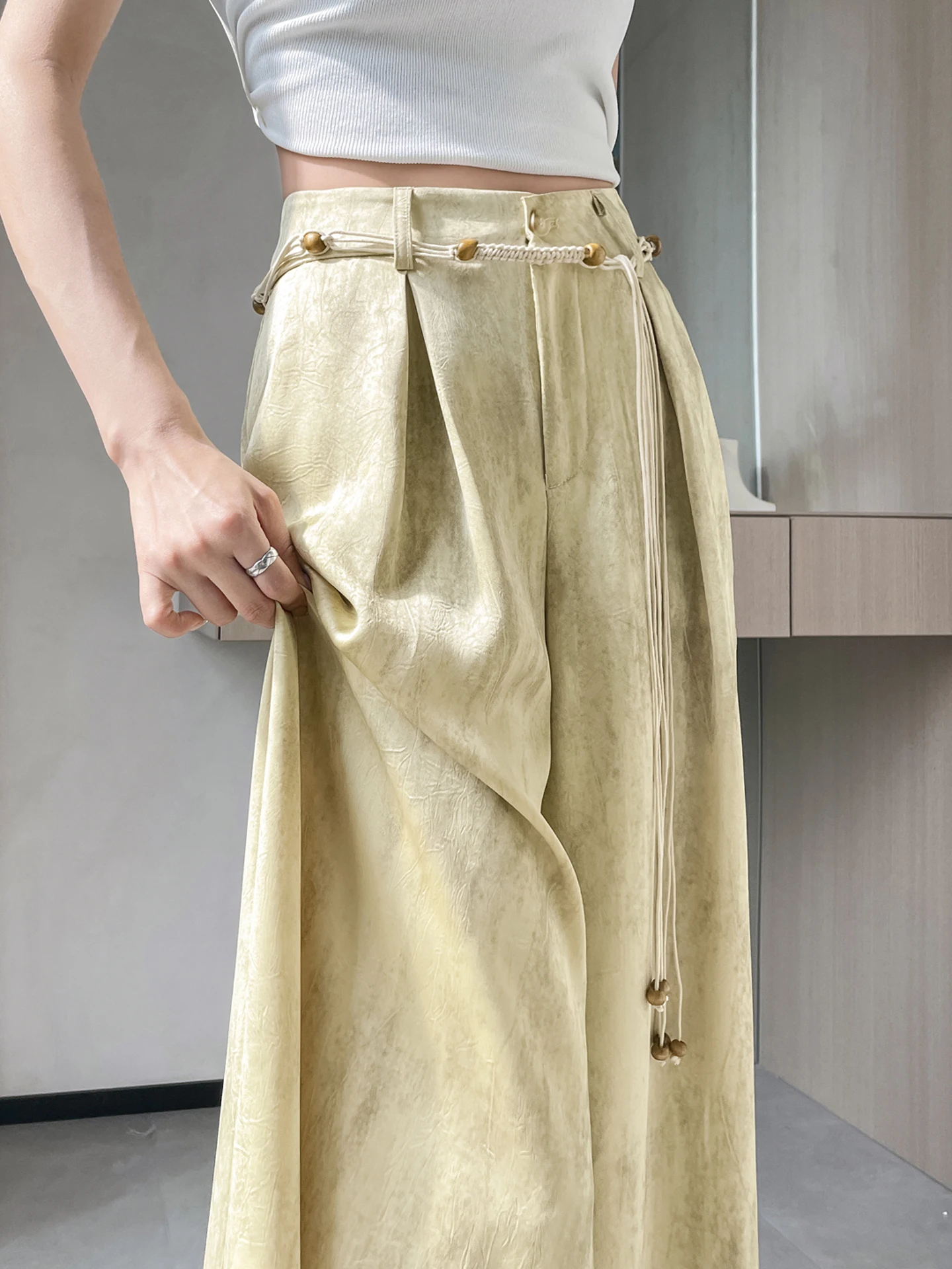 

Summer Thin Acetate Satin Dyed Wide Leg Pants Women's Casual Loose Fit Ice Silk Suit Pants High Waist Draped Korean Style