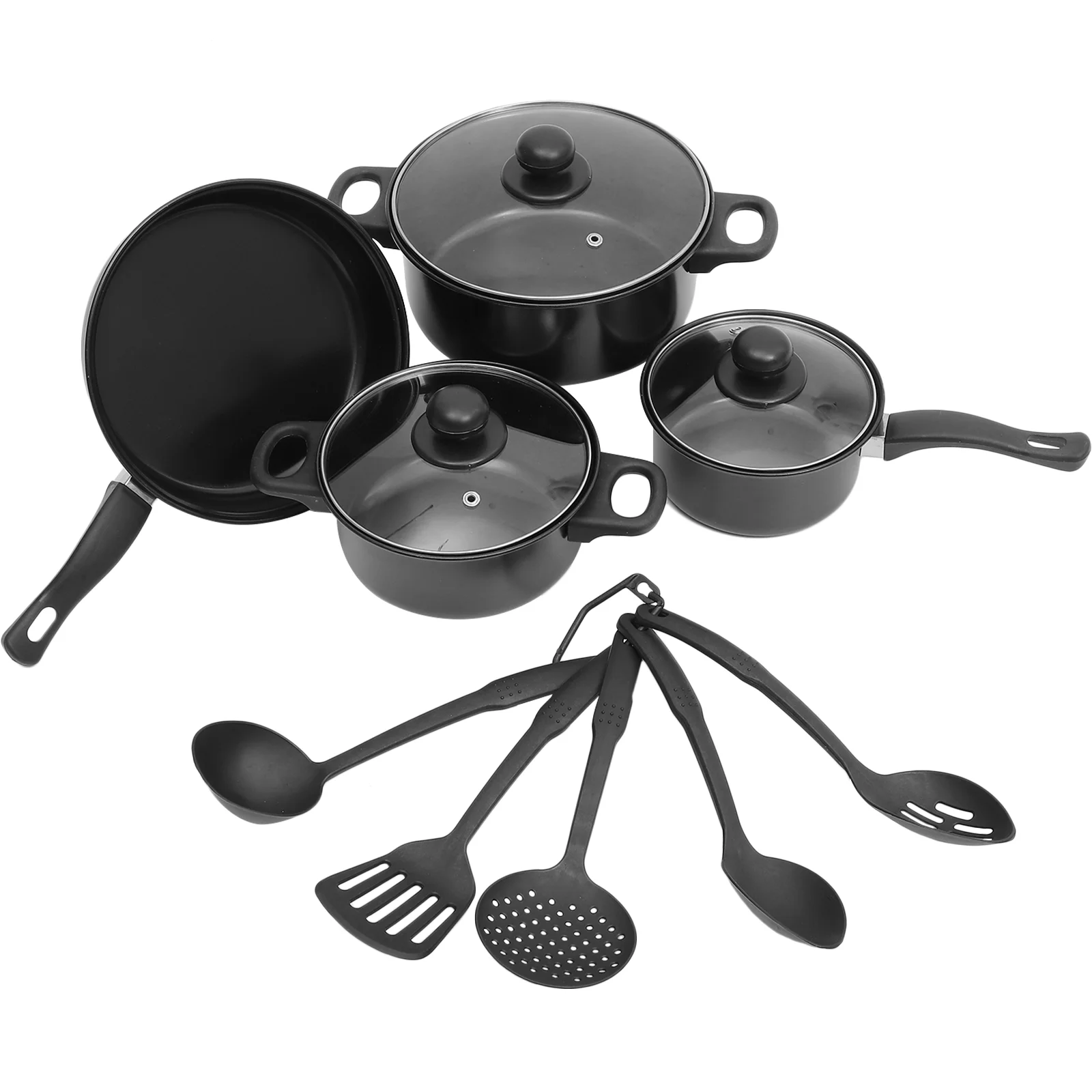 

7 Pcs Woks Non Stick Frying Pan Cast Iron Pots And Pans Kitchenware with Cover Plastic Refined Travel