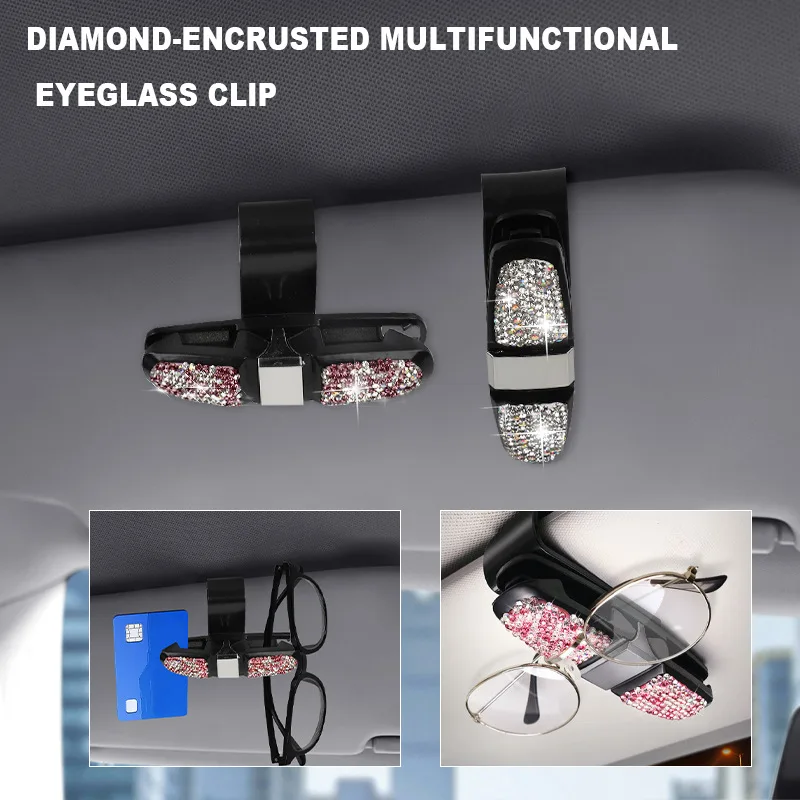 In-car visor, glasses clip, diamond-encrusted multi-function card holder, bill holder, creative in-car rotating double-ended