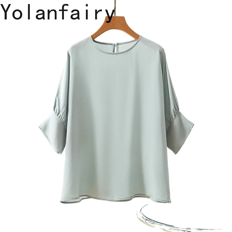 

YOLANFAIRY 100% Real Mulberry Silk Shirt for Woman Round Neck Three-quarter Lantern Sleeve Elegant Loose Shirts Dames Summer Top