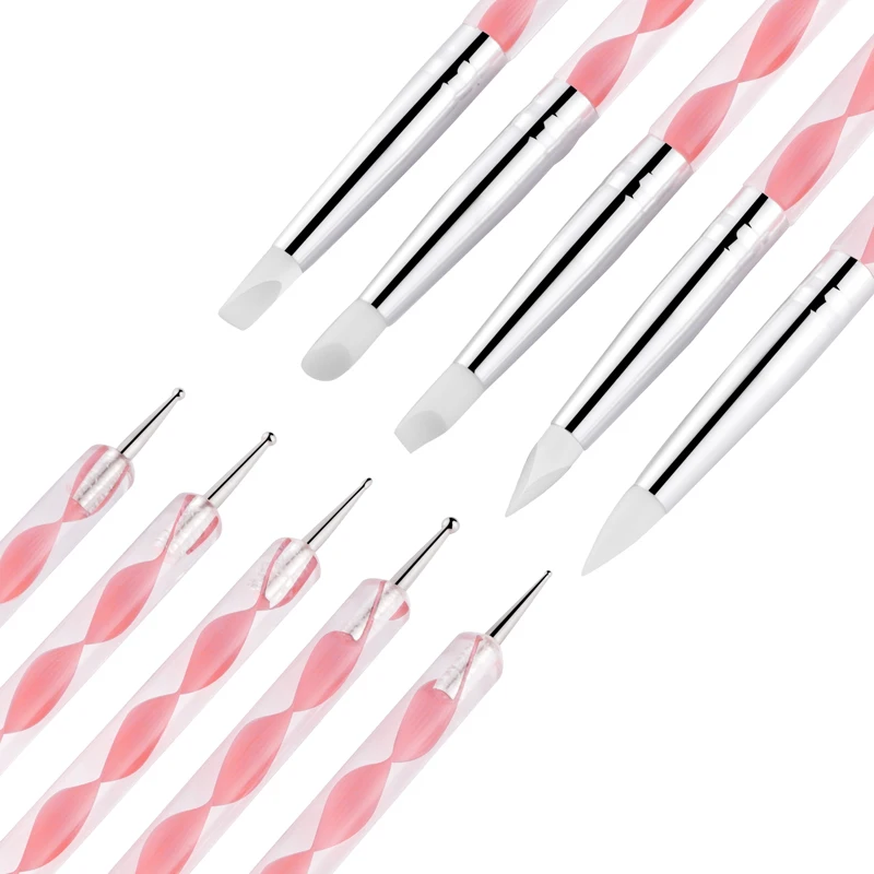 5 pezzi di penna per unghie con punta in silicone acrilico a doppia estremità, set di strumenti per punteggiare in acciaio inossidabile per pittura di scultura di nail art 3D