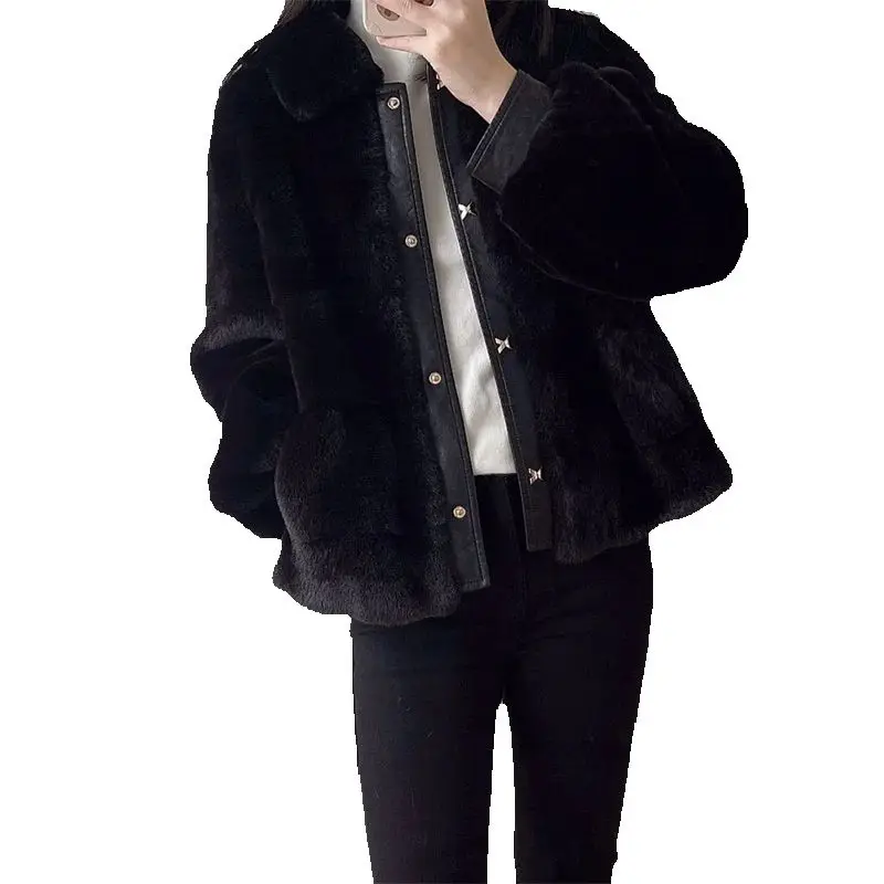 معاطف شتوية بيضاء كريمية لعام 2025 معطف فرو قصير موضة بياقة من الفرو معطف نسائي ملابس خارجية فضفاضة للدفء سترة نسائية #3