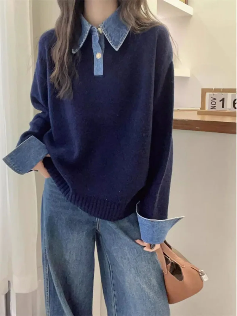 

European Station 2025 Winter New Korean Version of Polo Neck Denim Patchwork Knitwear Fake Two-piece Sweater Women's Clothing WF