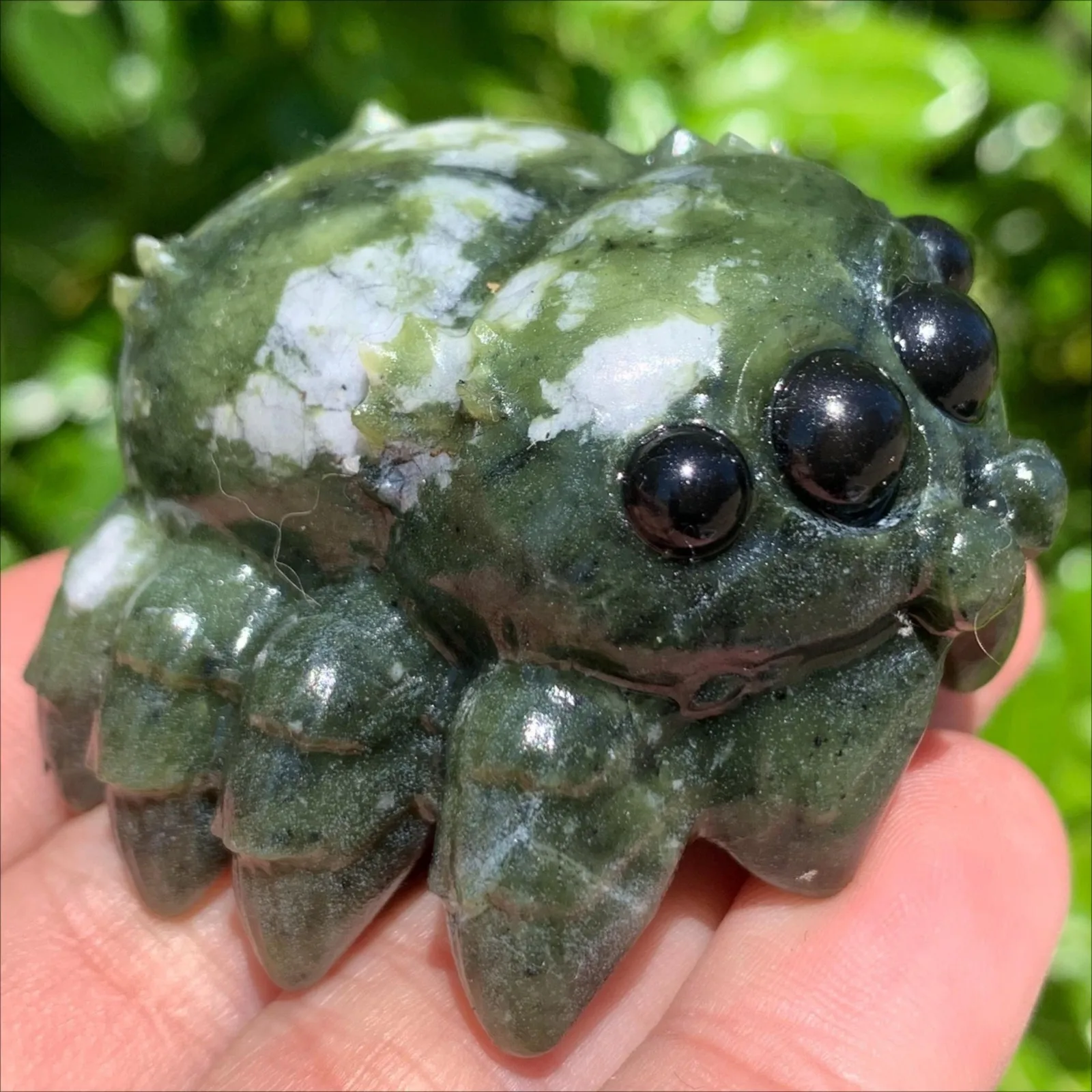 Natural Stone Spider Statue, Xiuyan Jade Spider Carving with Obsidian Eyes