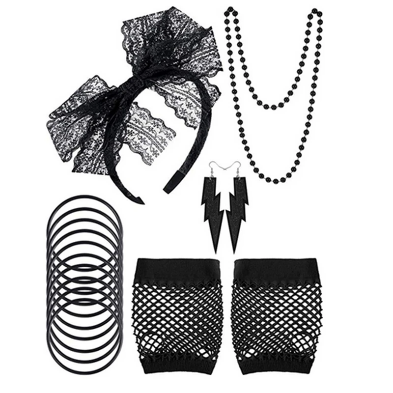 A77E-80S Fancy Dress Costume Accessories For Women,Party Set With Lace Headband, Earrings, Fishnet Gloves, Necklace, Bracelet