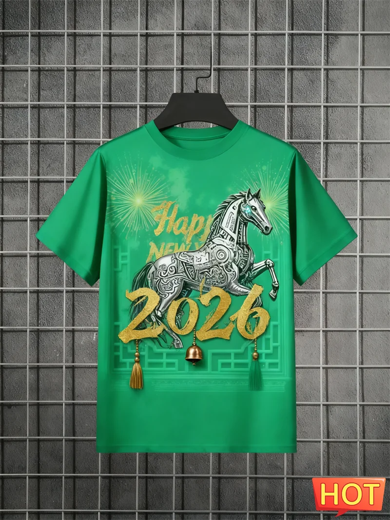 سنة جديدة سعيدة 2026 رسائل الحصان نمط تي شيرت الموضة العصرية الرجال النساء قصيرة الأكمام ثلاثية الأبعاد تي شيرت مطبوع فضفاض الشارع الشهير تيز #5