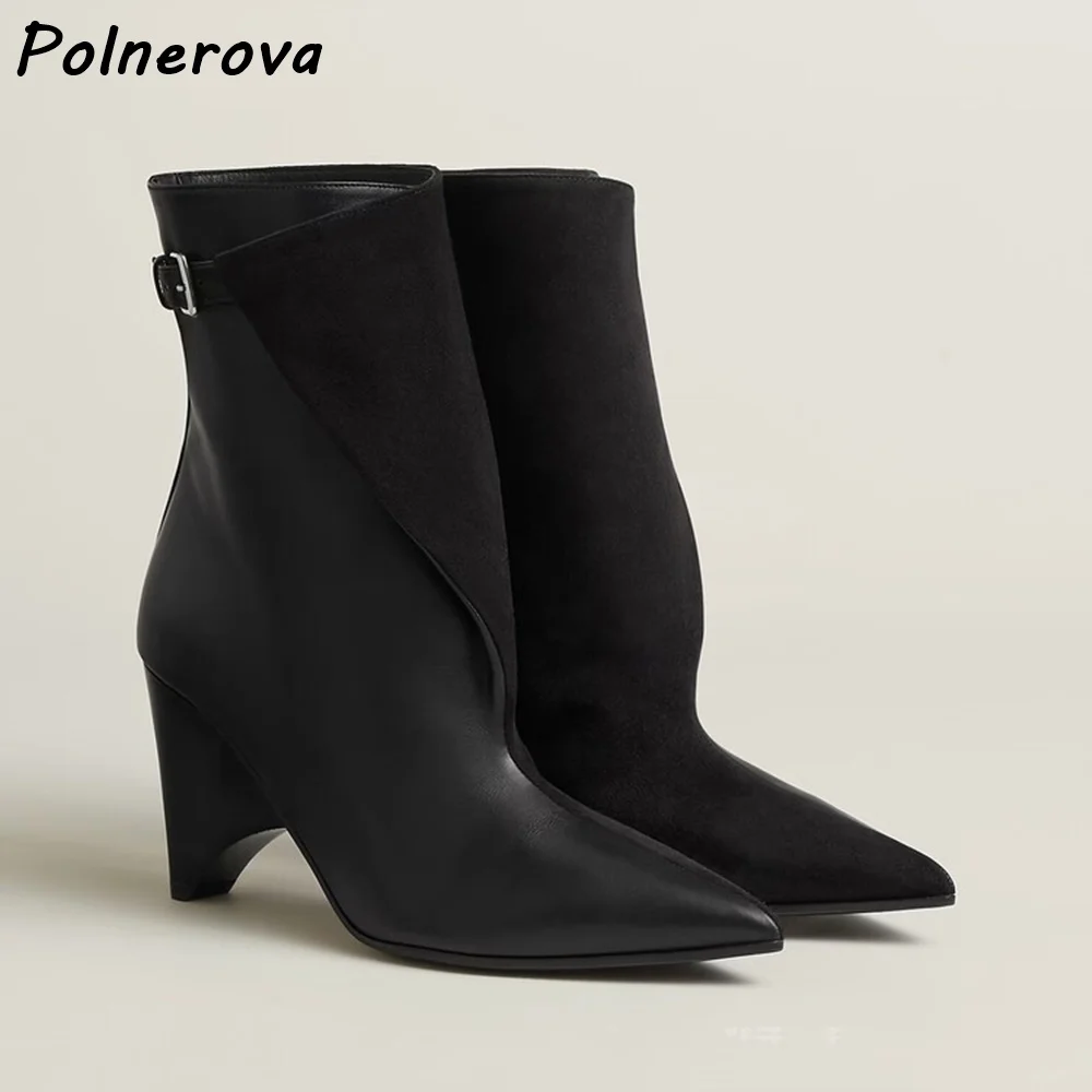 

Black Brown Leather Ankle Boots Strange Style Heels Buckle Strap Pointy Toe Solid Shoes Women's Winter Concise Leisure Boots